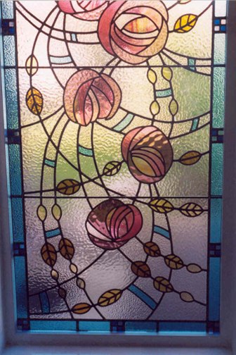 A close up view of the Charles Rennie Mackintosh style window 
